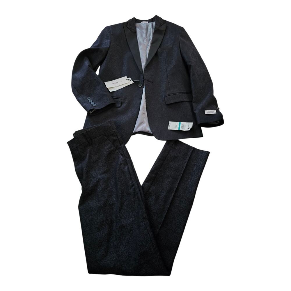 Calvin Klein Formal Tuxedo 2 PC Suit Set Jacket Pant Deep Black SZ 16 CTFCE24F